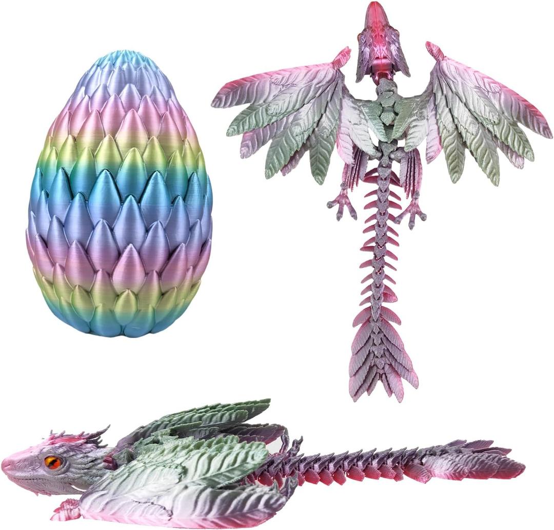2 x Dynamic 3D Printed Dragon Eggs with Dragon Inside，Wings Movable Feathered Wyvern,Full Articulated Crystal Flying Fidget Archaeoptera Animals Toy
