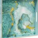 MAONAME Turquoise Square Decorative Tray for Coffee Table, Marbling Serving Tray with Handles, Modern 13" Plastic Trays for Ottoman, Bathroom, Storage