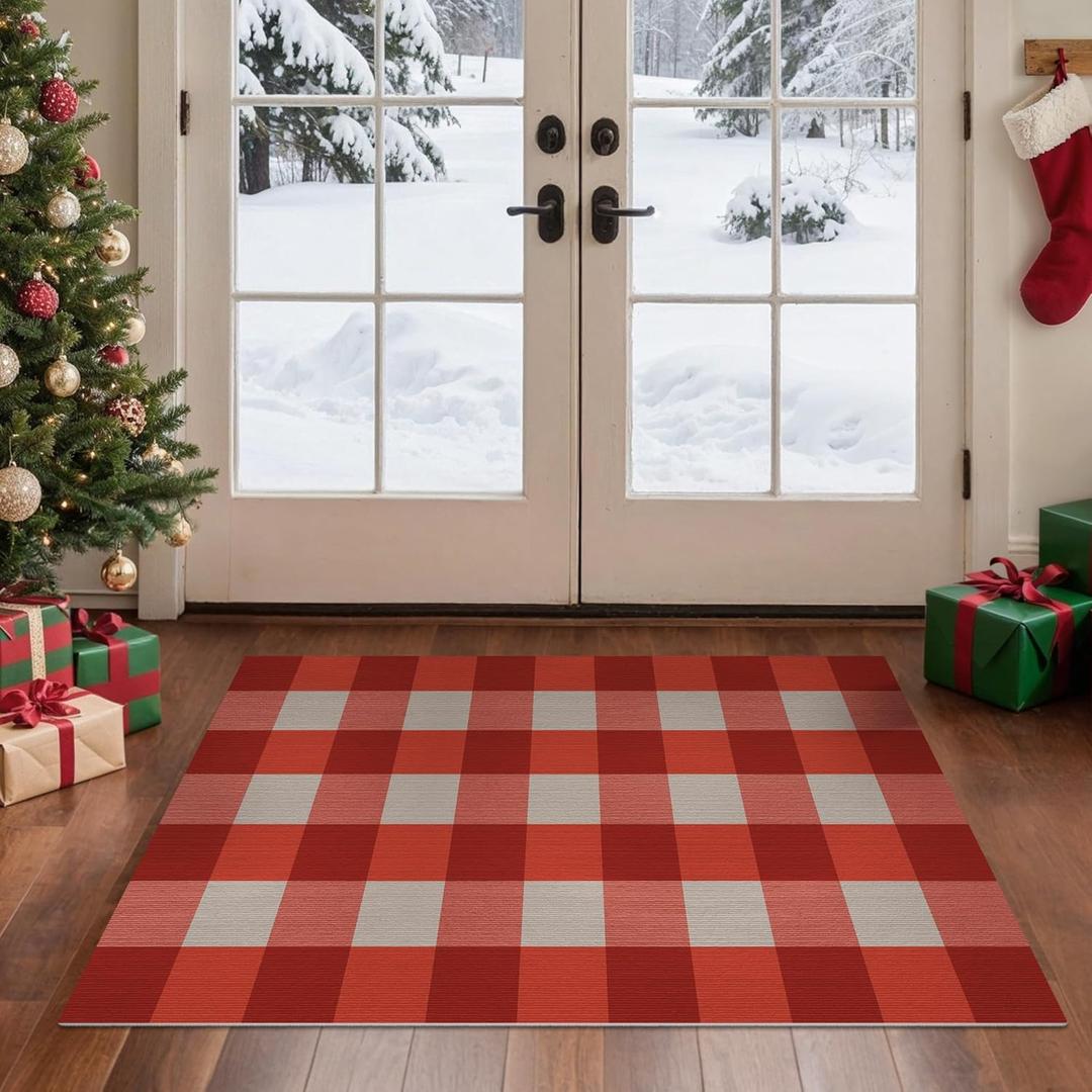 GENIMO Checkered Rug 3x5 Ft Red and White Outdoor Rug Buffalo Plaid Rugs Mat Fall Doormats Washable Rug for Front Porch Decor Indoor Entrance Patio Balcony Entryway
