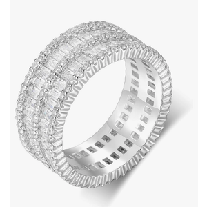 MDFUN 18K White Gold Plated Halo Eternity Rings Wedding Bands 2 Rows Emerald Cut Cubic Zirconia Statement for Women Rings Size 10