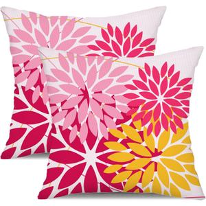 DFXSZ Outdoor Pillow Covers - 18x18 Inch Set of 2 Pink Yellow Flower Decorative Waterproof Summer Pillow Covers for Patio Furniture, Garden Couch