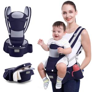 Baby Carrier with Hip Seat, for 0-48 Month Baby, Soft Baby Carrier Newborn to Toddler, 15-in-1 Ways to Carry, Adjustable Size with Sunshade, Windproof & Storage Functions (Navy)
