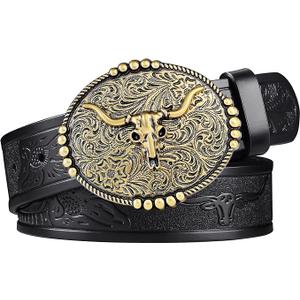 FIORETTO Western Cowboy Belts for Men Women Cowgirl Leather Belt Big Buckle Bull Belt for Jeans Black