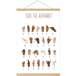 Classroom Decor Vintage Sign Poster American Sign Language AlphabetEducational Playroom Wall Art Boho Homeschool S Art CafeSchool Decoration, Canvas Art with Frames, For Office Home Decor Bedroom Living Room Wall Decor. (A, 18L" x 12W")