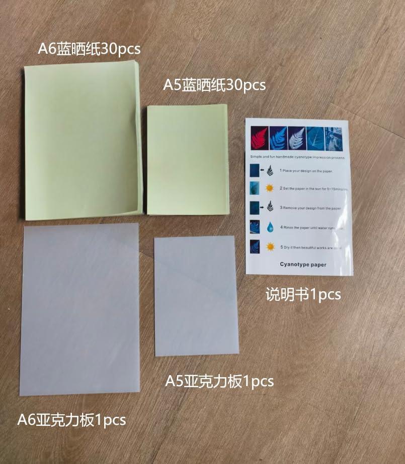 Cyanotype Papers, 60 Sheets A5 A6 Sun Print Paper Kit with 2 Sheets Acrylic Panel, High Sensitivity Sun Print Paper Kit for Arts Crafts DIY Project, 5.8 x 8.3, 4.1 x 5.8 Inch