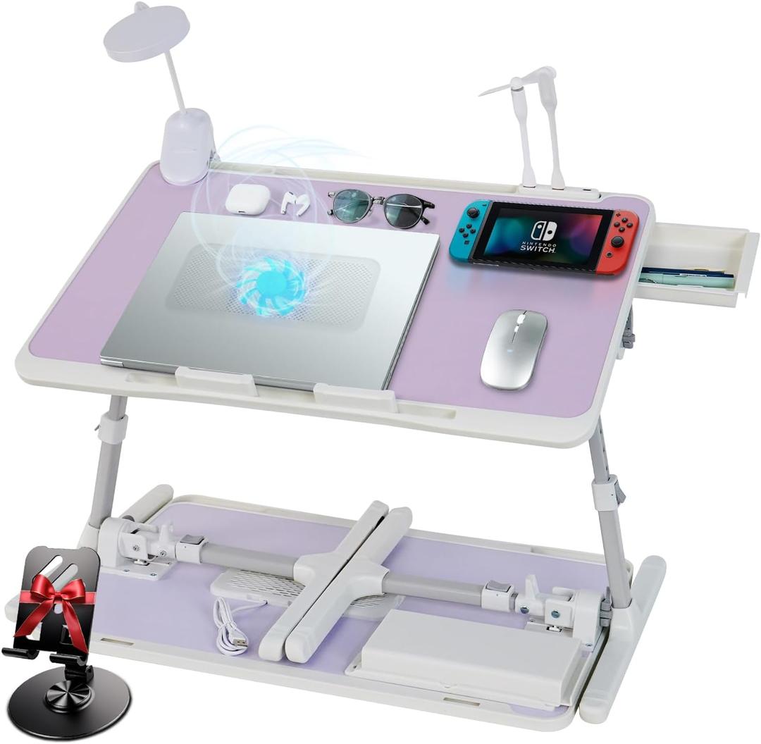iXTRA Laptop Lap Desk Include Cooling Fan,Adjustable Lap Desk with Light Fan,Folding Laptop Desk for Bed with USB,Bed Desk with Storage Drawer 56x32cm,Purple iXTRA Laptop Lap Desk Include Cooling Fan,Adjustable Lap Desk with Light Fan,Folding Laptop Desk for Bed with USB,Bed Desk with Storage Drawer 56x32cm,Purple