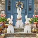GlikCeil 3 Pcs Easter Bunny Decor for Porch Easter Wooden Porch Sign Farmhouse Freestanding Rabbit with Ribbon for Outdoor Front Door Yard Garden