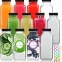 STARSIDE 16oz Glass Juice Bottles with Lids 12 Pack - Square Reusable Drinking Jars for Juicing, Milk, Kombucha - Includes 1 Sponge Brush, 12 Colored Labels