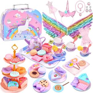 Tea Party Set for Little Girls: 63Pcs Pretend Play Toys, Unicorn Princess Dress Up Tea Time, Tin Tea Sets for Toddlers with Dessert, Carrying Case, Kids Kitchen Playset, Birthday Gift for Toddler Girl
