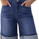 luvamia Jean Bermuda Shorts for Women High Waisted Knee Length Cuffed Long Stretchy Denim Shorts Loose Summer Jorts, Medium