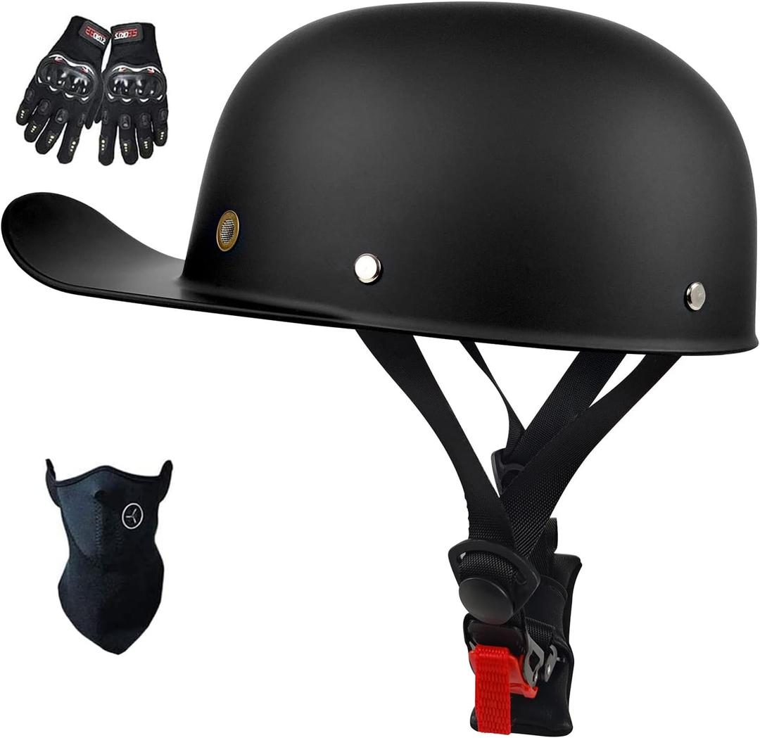 Baseball Cap Motorcycle Helmet, DOT Approved Vintage Open Face Unisex-Adult Half Helmets for Scooter Moped Cap Street Cruiser (Matte Black, Medium)