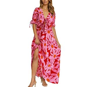 BTFBM 2025 Womens Summer Boho Dress Tie Front Deep V Neck Cutout Short Sleeve Casual Party Floral Beach Maxi Dresses(Big Floral Red, Small)