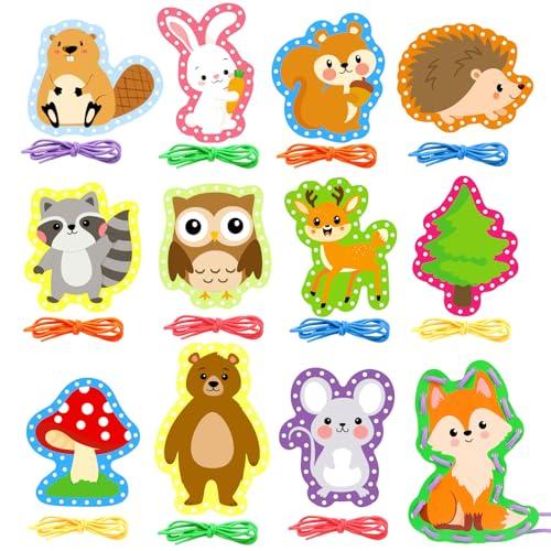 Omlisca Woodland Animals Lacing Cards 12 Pack Forest Animals Sewing Cards Owl Fox Bear Woodland Theme Party Decor Arts and Crafts Gifts for Kids Toddler Preschool Developing Imagination Supplies
