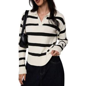 Verdusa Women's Striped Pullover Sweater Old Money Knit Tops Collared V Neck Jumpers Spring Fall Clothes (L)