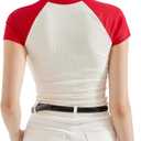 SUUKSESS Women Ribbed Striped Short Sleeve Slim Fit Tops Summer Crew Neck Color Block Going Out T Shirt (XL)