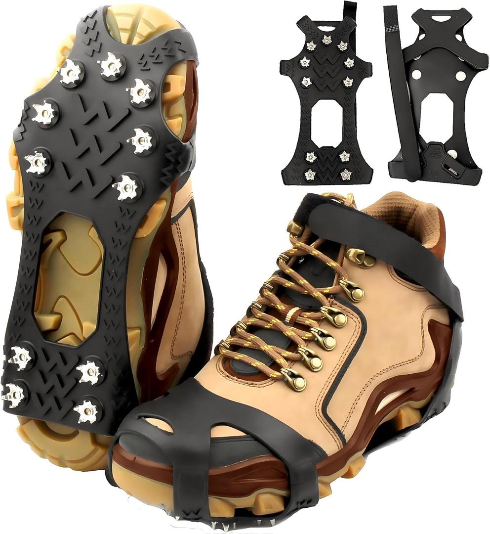 Ice Cleats for Shoes and Boots, Silicone Crampons,11 Stainless Shoe Spikes for Snow and ice, Heavy Duty Traction for Hiking, Climbing &Mountaineering, Ice Fishing (Ultra-Cold -45C, Easy On/Off Unisex) (Small)