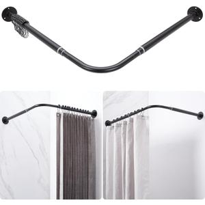 L Shaped Corner Shower Curtain Rod, Adjustable [24.3" - 47.6"] x [24.3" - 47.6"] 90 Degree Square Shower Curtain Rod with 12 Hooks & Ceiling Support for Bathroom Bathtub - Matte Black