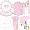 161PCs Pink Bow Party Supplies Pink Coquette Plates Napkins Cups Tablecloth Straws Forks Spoons Knives for Birthday Party Bachelorette Decor Bridal Engagement Coquette Party Supplies for 20 guests