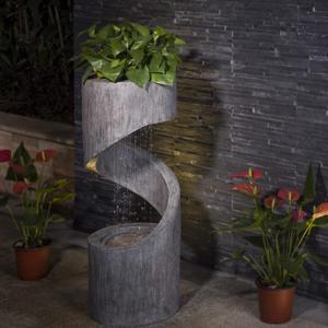 Glitzhome Outdoor Water Fountain with LED Light, Spiral Outdoor Fountain Waterfall with Stone Planter, Modern Curved Freestanding Fountain Water Feature for Garden Patio Backyard, 31.3" H