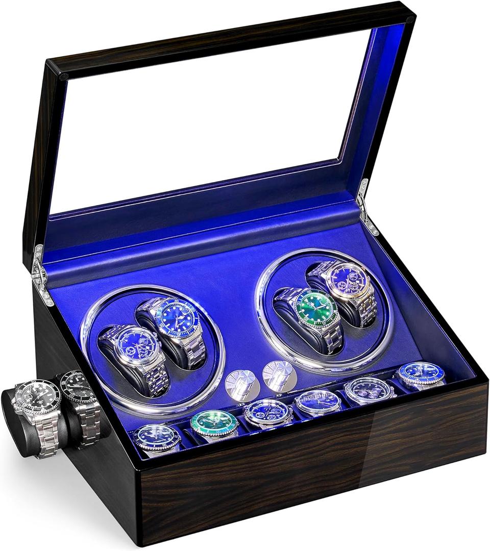 ANWBROAD Watch Winder for Automatic Watches 4 Watch Rotator and 6 Extra Storages with Super Quiet Motor LED Backlight Watch Turner Piano Paint Watch Shaker 4 Rotating Modes USB UJWW002E