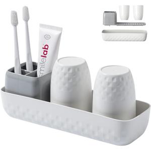 Toothbrush Holder for Bathrooms, Toothbrush Organizer Countertop for Toothbrush Storage, Toothbrush and Toothpaste Holders Set with 3 Slots, Tooth Brushing Cup Caddy for Family-White