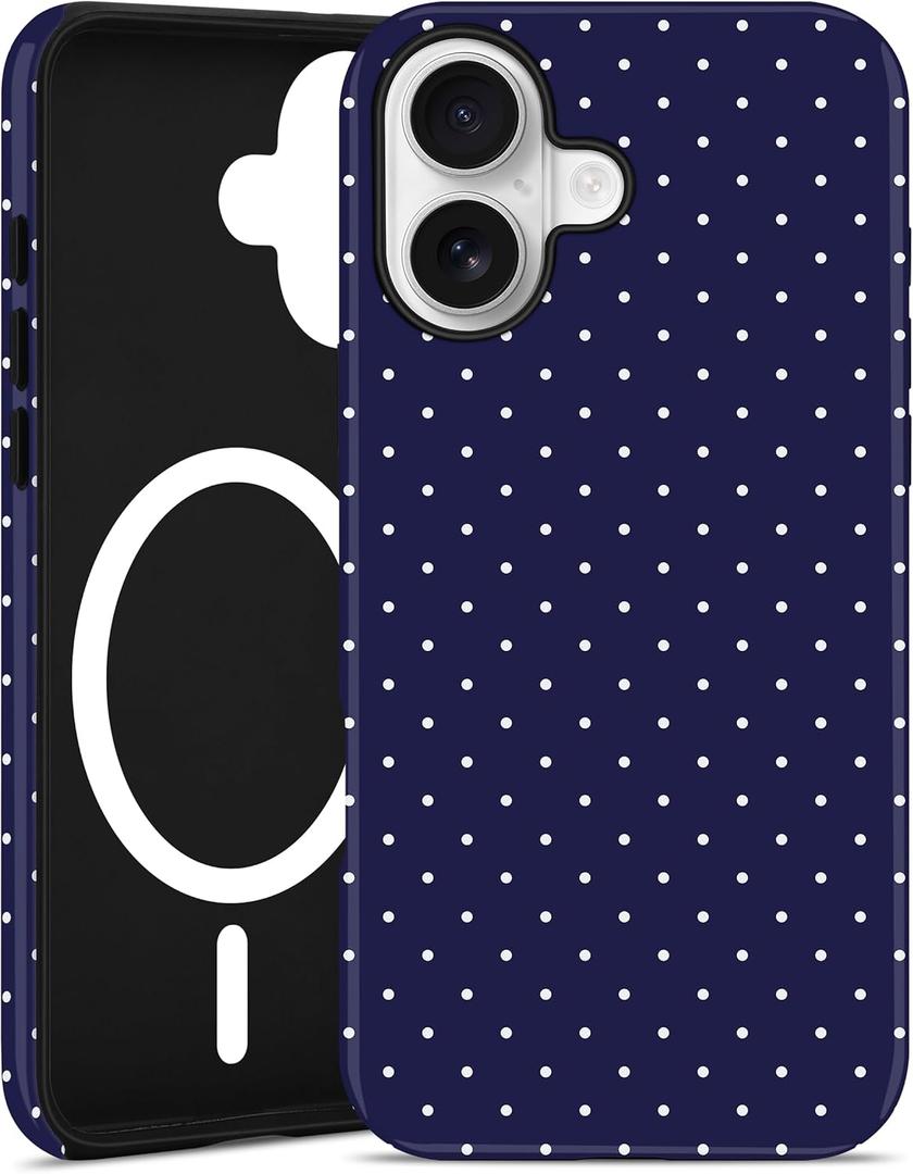 Jusy Compatible with MagSafe Polka Dot Case for iPhone 16, Cute Aesthetic Polka Dots Magnetic Phone Case, Soft TPU and Hard PC Protective Phone Cover for Women Girls (Matte), Navy Blue