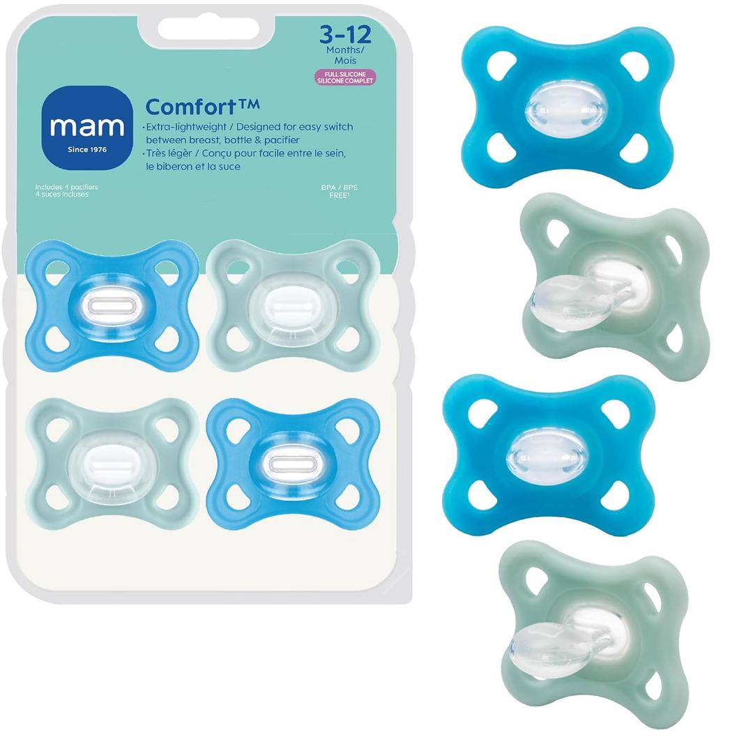 MAM Comfort Baby Pacifiers 3-12 Months Babies, Lightweight One-Piece Full Silicone Binky, BPA-Free Nipple, Easy to Clean Pacifier, Best for Breastfed Babies, 4 Count, Made in Europe (Grey Green/Sapphire)
