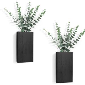 Dahey 2 Pack Wood Wall Planter Vase with Artificial Eucalyptus Farmhouse Wall Hanging Decor Pocket Planter for Indoor Fake Plants Greenery, Living Room Bedroom Kitchen Home Office Decoration, Black (Medium)