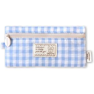 Monolike Unmatched Friends Fabric Check Pencil Case, Blue - Pencil Pouch, Portable Pencil Bag, Pencil Case, Office Pouch case, Fabric, Cushion, Soft, Pastel