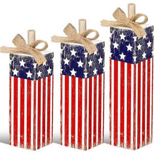 Redbaker 3 Pcs 4th of July Decorations Patriotic Tiered Tray Decor Memorial Day Decorations Red White Blue Table Block and Centerpiece Rustic Farmhouse Wood Firework Sign for Home Office Shelf Decor