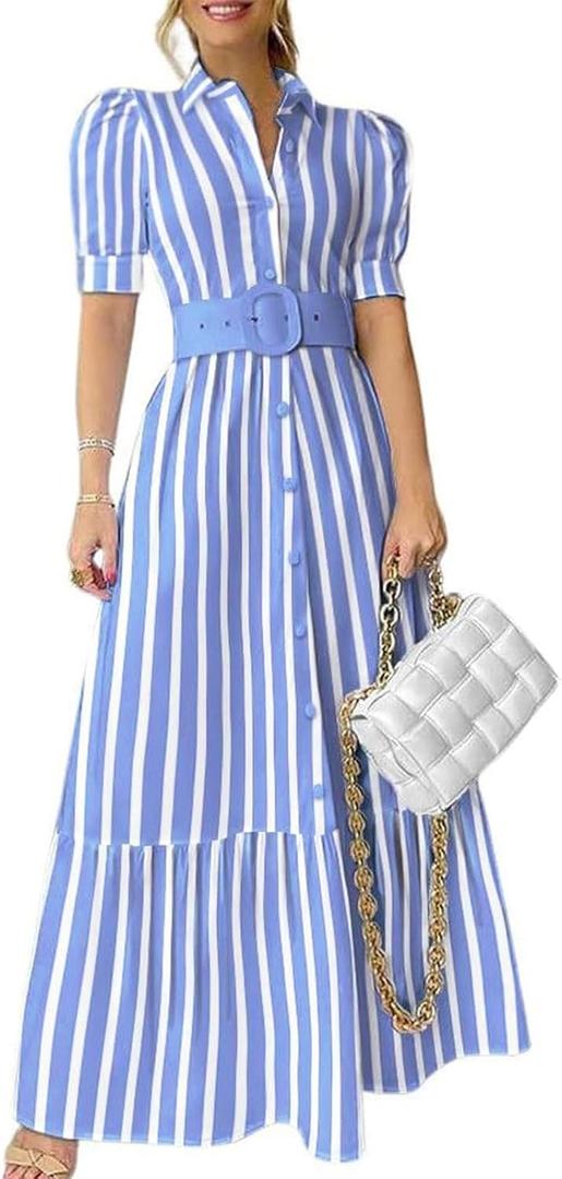 utcoco Womens Striped Button Down Shirt Dress Casual Puff Short Sleeve Ruffle Hem Maxi Dresses with Belt (XX-Large, Blue) 