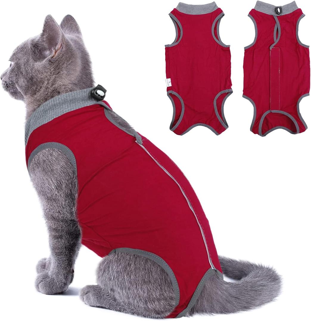 SUNFURA Recovery Suit for Cats After Surgery, Breathable Onesie for Abdominal Wounds, Skin Diseases, E-Collar Alternative, Anti-Licking Surgical Spay Shirt, Red S (Small)