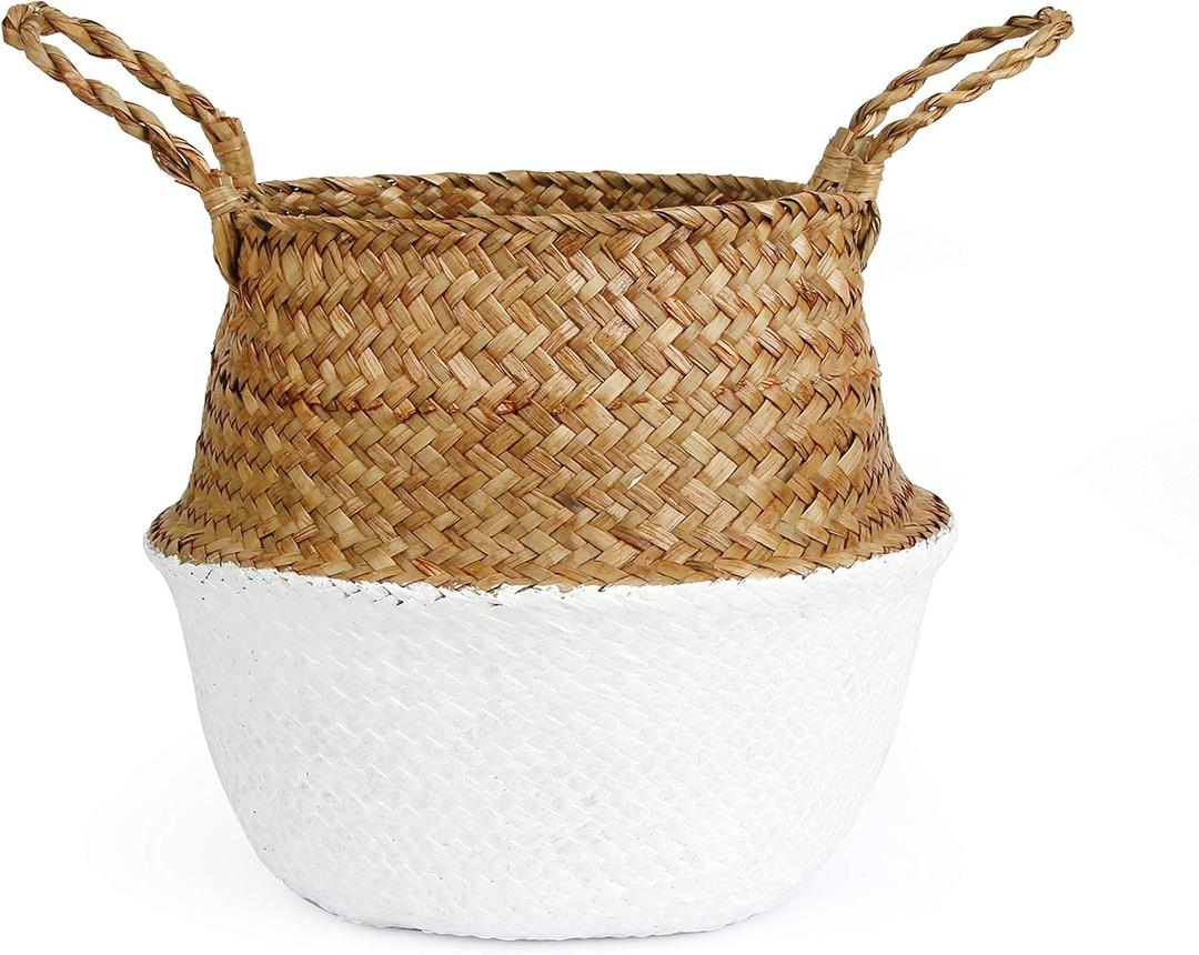 Woven Seagrass Belly Basket for Storage, Laundry, Picnic, Plant Pot Cover, and Grocery and Toy Storage (Medium, White)