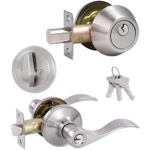 (1 Pack) Keyed Alike Front Door Lever Lockset with Single Cylinder Deadbolt Combination Set, Wave Style Lever, Front Door/Exterior Door Knob with Lock and Deadbolt, Satin Nickel Finished