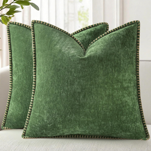 decorUhome Spring Chenille Soft Throw Pillow Covers 18x18 Set of 2, Farmhouse Velvet Neutral Decorative Pillow Covers with Stitched Edge for Couch Sofa Bed Home Decor, Forest Elf