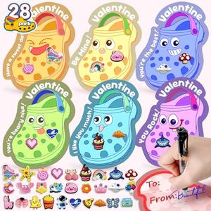 Valentine's Day Cards for Kids School - 56 Shoe Charms Bulk & 28 PCS Shoe Cards for Gift Exchange, Valentines Day Gifts for Kids Classroom, Party Favors & Non-Candy Prizes for Boys and Girls, 3 Age +