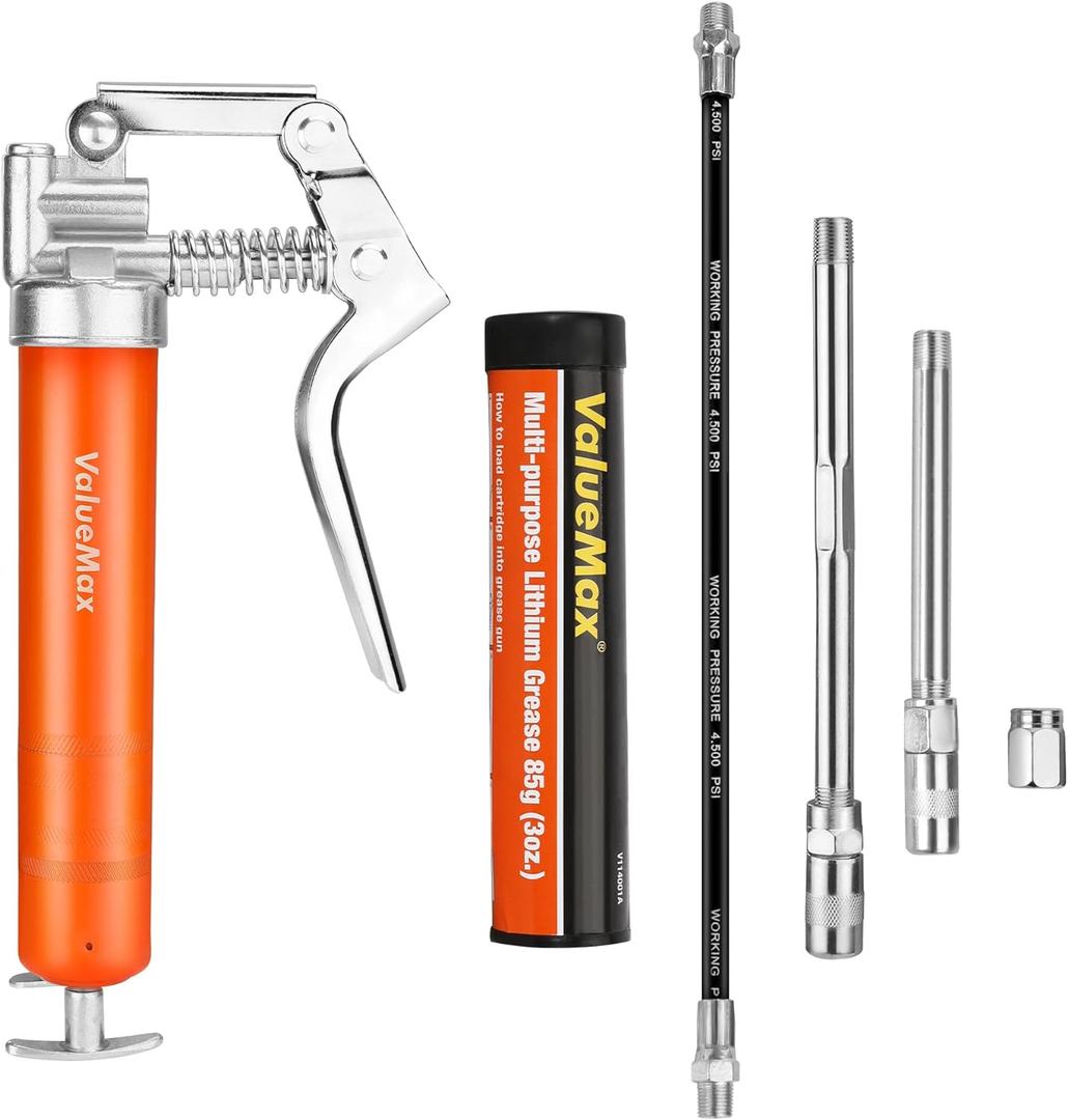 ValueMax Mini Grease Gun Kit (3500 PSI) with 3 OZ Grease, 12'' Flexible Hose, 5'' & 3 Extension Tubes, Pistol Grip, Reinforced Construction, Fit for Automotive, Marine, Industrial