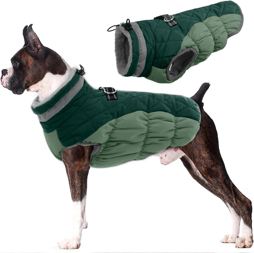 Lelepet Warm Dog Winter Coat Dog Coats for Large Dogs Waterproof Dogs Jacket with Harness Built in Reflective Cold Weather Coats Zip-Up Winter Fleece Vest Snowsuit Boston Terrier Teal Green L