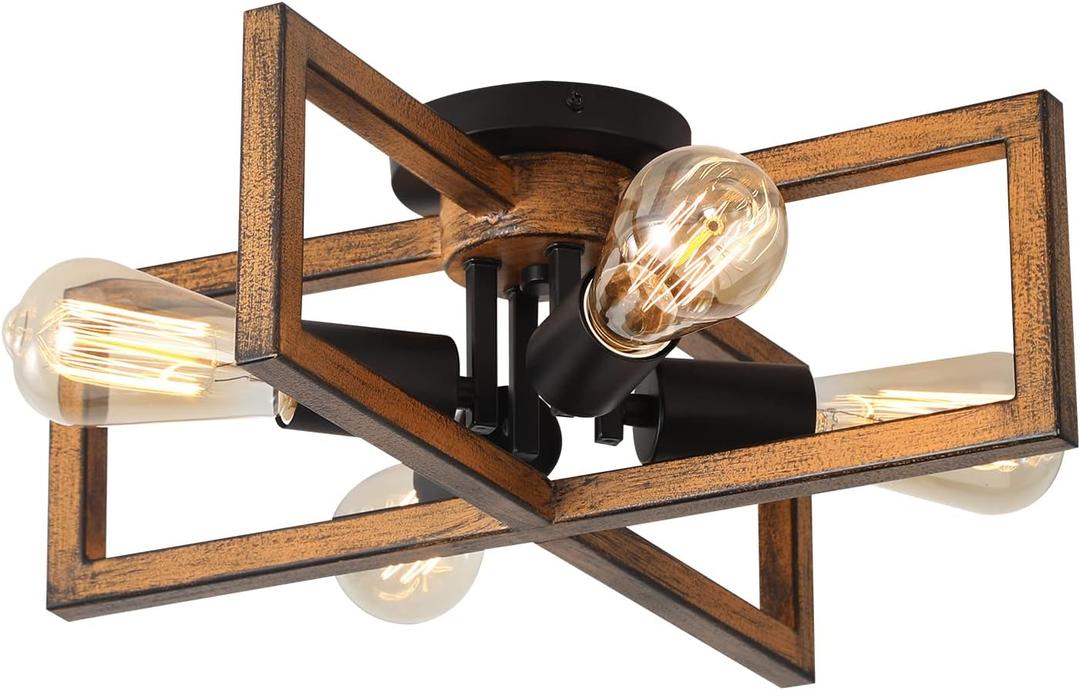 KEESFU 4-Lights Retro Semi Flush Mount Ceiling Light Fixtures, Farmhouse Wood Grain Finish Metal Ceiling Light, Rustic Lighting for Bedroom Living Room Kitchen Dining Room Hallway Entryway Foyer.