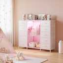 LUMTOK 55" W 2-in-1 Dresser with Hanging Rack, 10 Drawers Dresser for Bedroom, White Drawer Dressers with LED Lights, Charging Station and Hanging Racks for Bedroom, 13.7"D x 54.6"W x 43.3"H