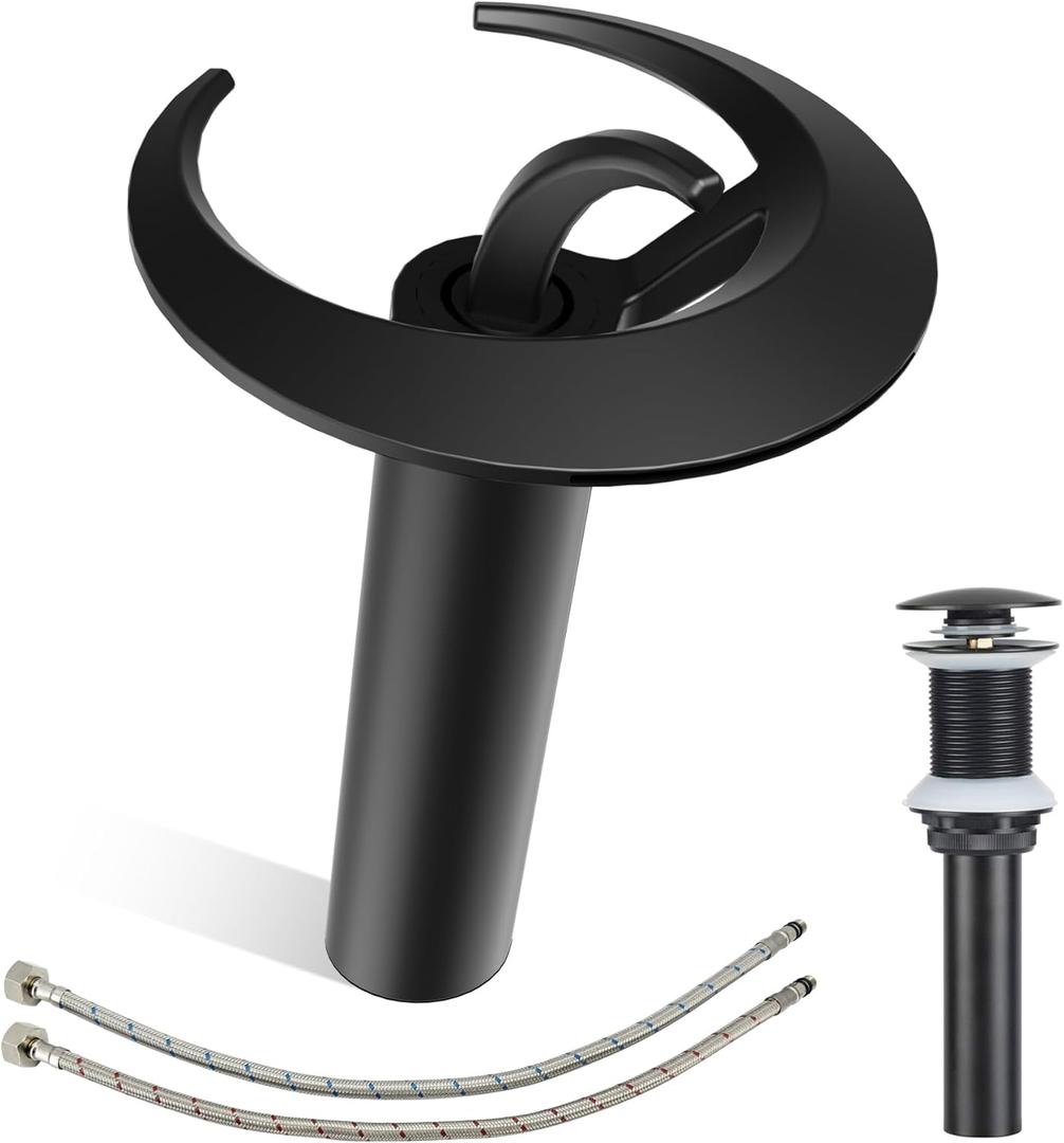 Rainbow Waterfall Black Vessel Sink Faucet, Brushed Gold Single Hole Bowl Sink Faucet Tall Bathroom Faucet Single Handle with Pop up Drain Assembly(Black-Tall)