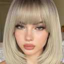 FANCEE Ash Blonde Layered Wigs with Bangs 14 Inch Short Ombre Platinum Blonde Glueless Ready-to-Go Straight Synthetic Bob Wigs with Dark Roots for Women Realistic Scalp Daily Cosplay Use