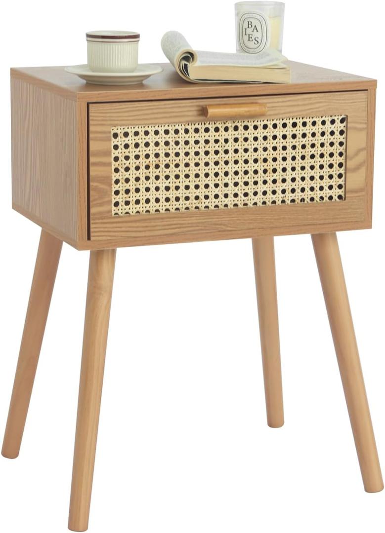 AWASEN Mid Century Nightstand, Rattan Side Table with Drawer, Modern Bedside Table with Storage and Solid Wood Legs for Living Room, Bedroom and Small Space (Brown)