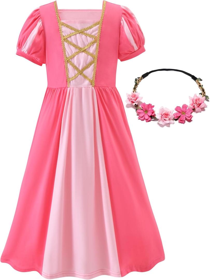 Little Girls Renaissance Medieval Dress Irish Costume Cosplay Retro Gown Halloween Xmas Princess Daily Wear, 7-8 Years, Pink