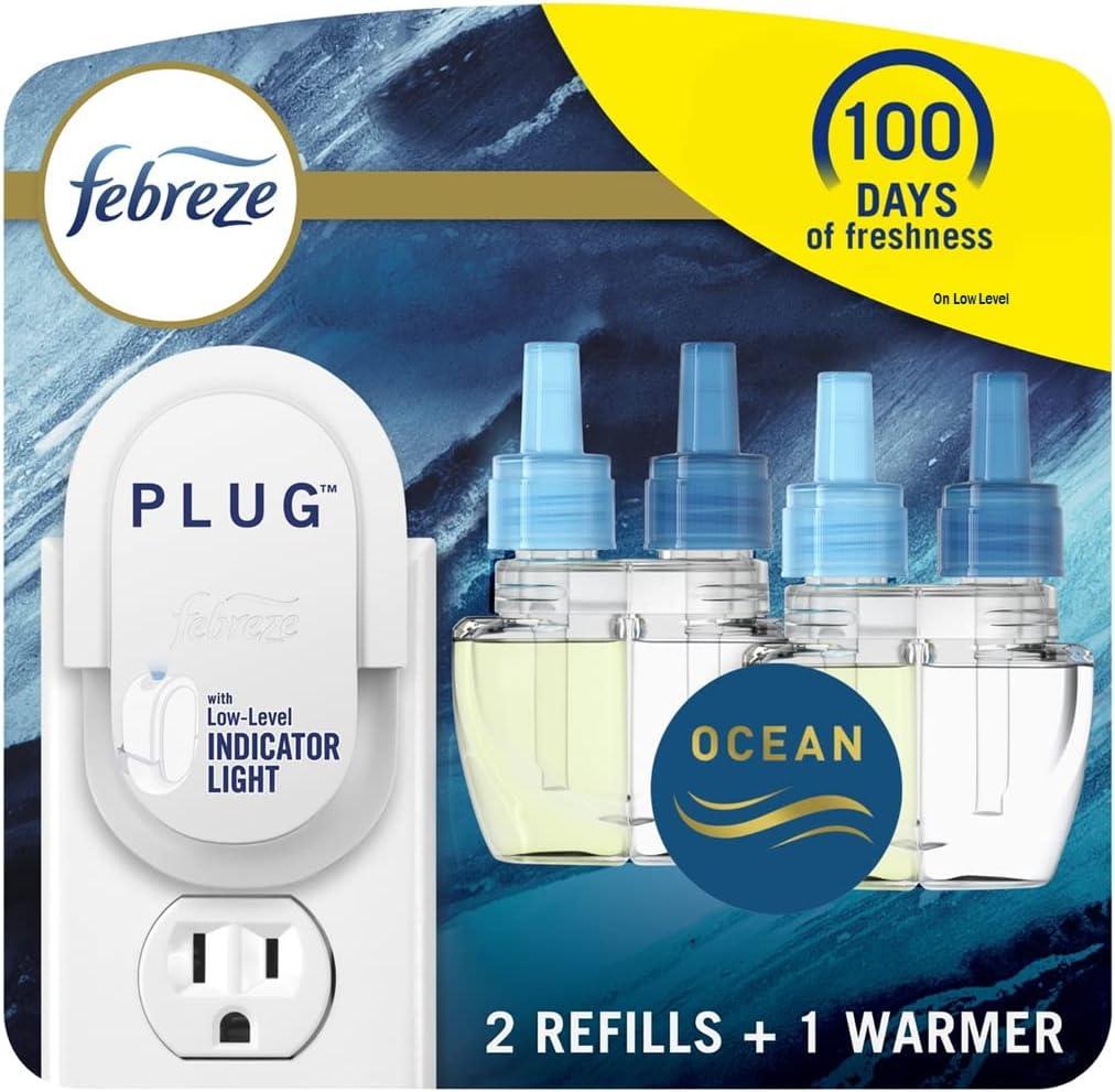 Febreze Plug in Air Freshener, Odor-Fighting Scented Oil Starter Kit, Air Fresheners for Home and Bathroom and Kitchen, Long Lasting for Strong Odors, Ocean Scent, Warmer + 2 Refill (0.58 Fl Oz (Pack of 3))