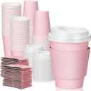 Patelai 100 Pcs 12 oz Disposable Coffee Cups with Lids and Sleeves Bulk, Insulated Hot Chocolate Paper Cup for Hot and Cold Beverage Water Juice Cocoa Tea Party Restaurants Travel Supplies (Pink)