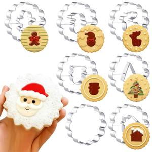 Teenyyou 7 Pcs 4 Inches Large Christmas Linzer Cookie Cutters, Stainless Steel Cookie Cutters Set, Twice The Size, Hollow Linzer Mold(Snowman, Santa Claus, Tree, Reindeer, Gingerbread Man, Cottage)