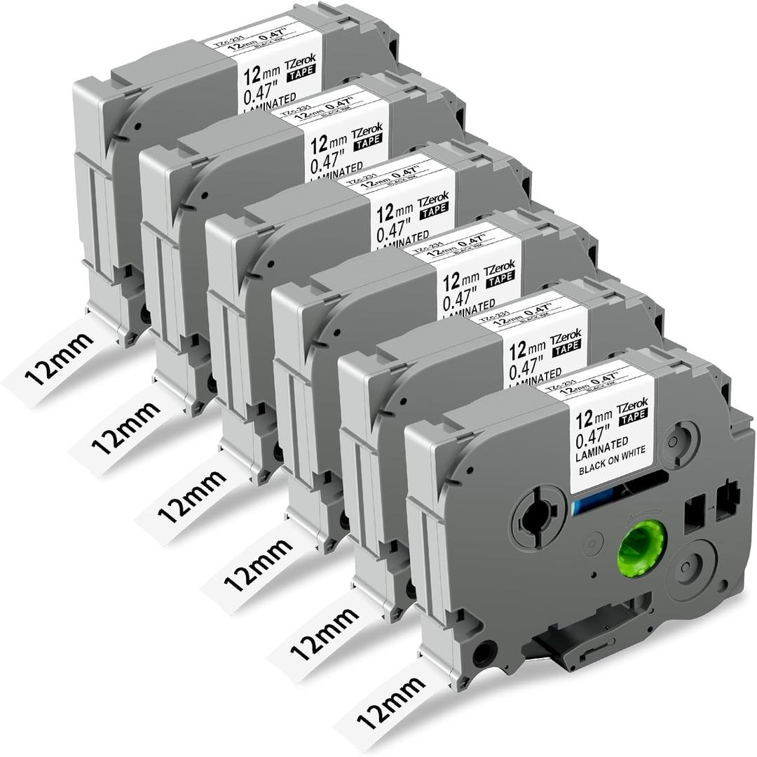 Compatible with Brother TZe231 TZ Tape 12mm 0.47 Laminated White Replacement for Brother P-Touch D220 PT-D210 D410 H110 P710BT Label Maker Tape, 1/2" (12mm) x 26.2ft, 6-Pack