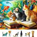 500 Piece Jigsaw Puzzles for Adults - Cats & Goldfish Aquarium Scene Colorful Kittens Book Puzzle with Letters on Back for Seniors Perfect for Game Night (23x15 Inch)