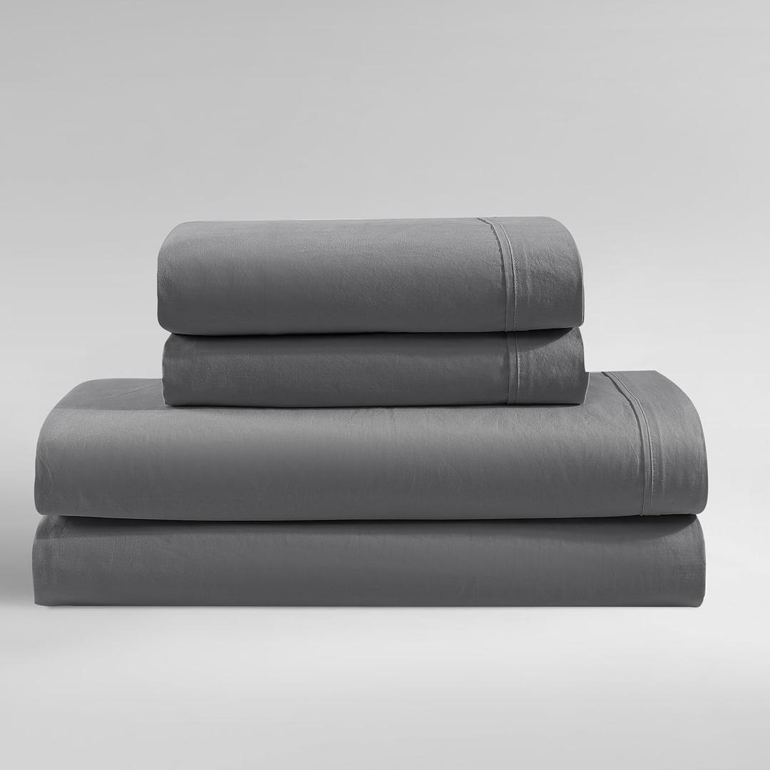 Calvin Klein - Queen Sheet Set, Crisp & Tailored Cooling Sheets with a Cotton Percale Lightweight Feel, Deep Pockets - Bed Sheets with Matching Pillowcases & Fitted Sheet (Washed Percale Graphite)
